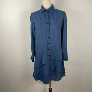 Finley Jenna Navy Blue 100% Linen Ruffle Shirt Dress Women's XS Roll Tab Sleeve
